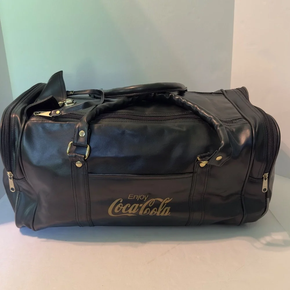 Vintage Coca-Cola Black Faux Leather Duffel Bag Gold Logo Travel Weekender